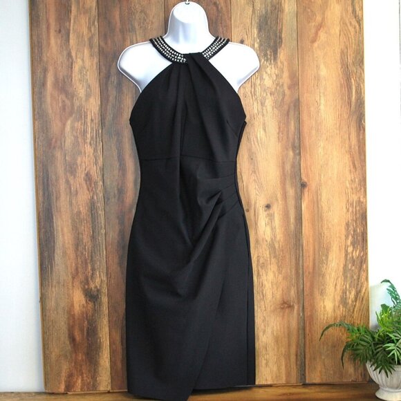 Alex Evenings Embellished Halter Neck Ruched Sheath Dress Navy 10 - Picture 2 of 6